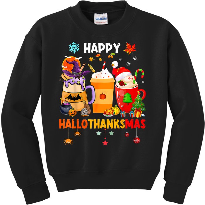 Happy Hallothanksmas Halloween Coffee Latte Thanksgiving Kids Sweatshirt