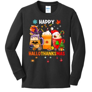 Happy Hallothanksmas Halloween Coffee Latte Thanksgiving Kids Long Sleeve Shirt