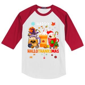 Happy Hallothanksmas Halloween Coffee Latte Thanksgiving Kids Colorblock Raglan Jersey