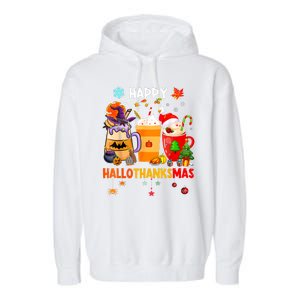 Happy Hallothanksmas Halloween Coffee Latte Thanksgiving Garment-Dyed Fleece Hoodie