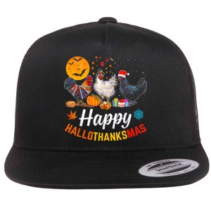 Happy HalloThanksMas Halloween Thanksgiving Xmas Chicken Flat Bill Trucker Hat