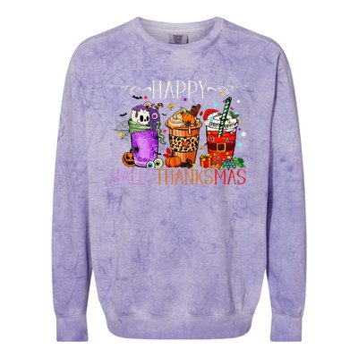 Happy Hallothanksmas Halloween Thanksgiving Christmas Colorblast Crewneck Sweatshirt