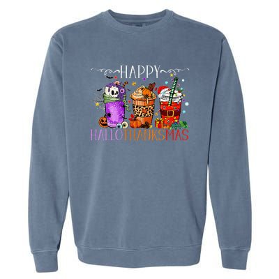 Happy Hallothanksmas Halloween Thanksgiving Christmas Garment-Dyed Sweatshirt