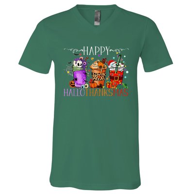 Happy Hallothanksmas Halloween Thanksgiving Christmas V-Neck T-Shirt