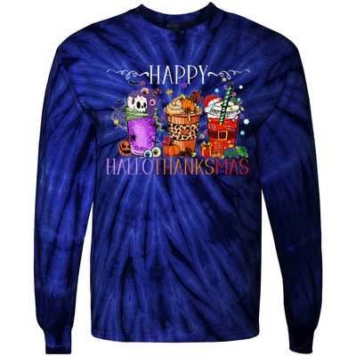 Happy Hallothanksmas Halloween Thanksgiving Christmas Tie-Dye Long Sleeve Shirt