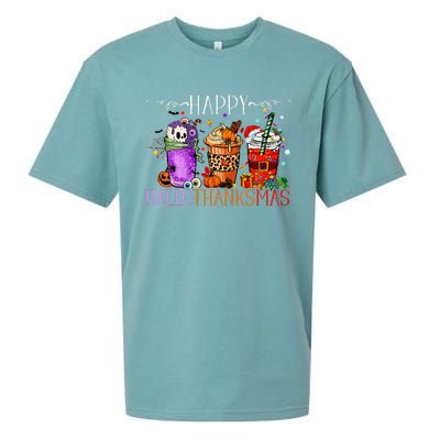 Happy Hallothanksmas Halloween Thanksgiving Christmas Sueded Cloud Jersey T-Shirt