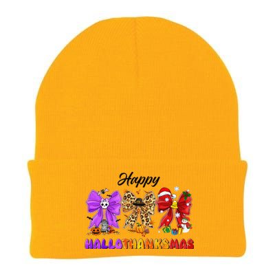 Happy Hallothanksmas Halloween Thanksgiving Christmas Bow Knit Cap Winter Beanie