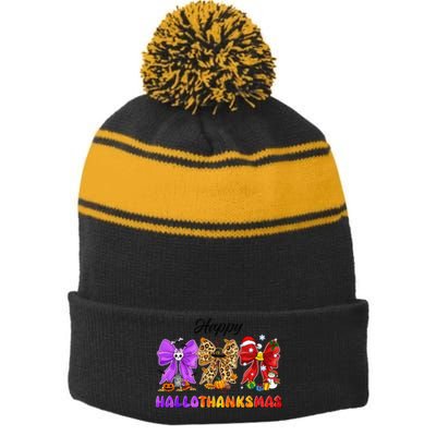 Happy Hallothanksmas Halloween Thanksgiving Christmas Bow Stripe Pom Pom Beanie