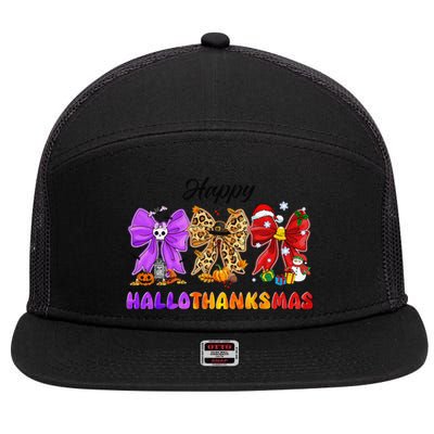 Happy Hallothanksmas Halloween Thanksgiving Christmas Bow 7 Panel Mesh Trucker Snapback Hat