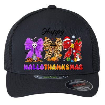 Happy Hallothanksmas Halloween Thanksgiving Christmas Bow Flexfit Unipanel Trucker Cap