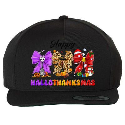 Happy Hallothanksmas Halloween Thanksgiving Christmas Bow Wool Snapback Cap