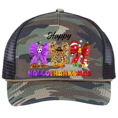 Happy Hallothanksmas Halloween Thanksgiving Christmas Bow Retro Rope Trucker Hat Cap