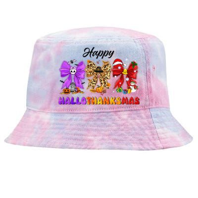 Happy Hallothanksmas Halloween Thanksgiving Christmas Bow Tie-Dyed Bucket Hat