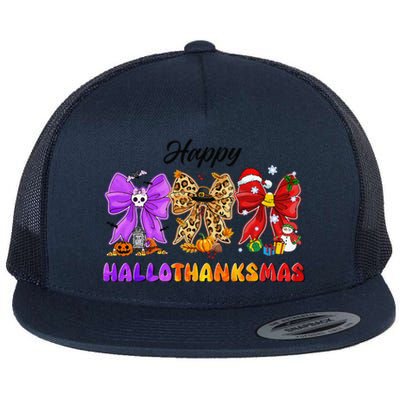 Happy Hallothanksmas Halloween Thanksgiving Christmas Bow Flat Bill Trucker Hat