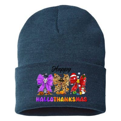 Happy Hallothanksmas Halloween Thanksgiving Christmas Bow Sustainable Knit Beanie