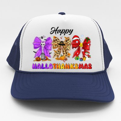 Happy Hallothanksmas Halloween Thanksgiving Christmas Bow Trucker Hat