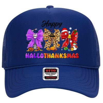 Happy Hallothanksmas Halloween Thanksgiving Christmas Bow High Crown Mesh Back Trucker Hat