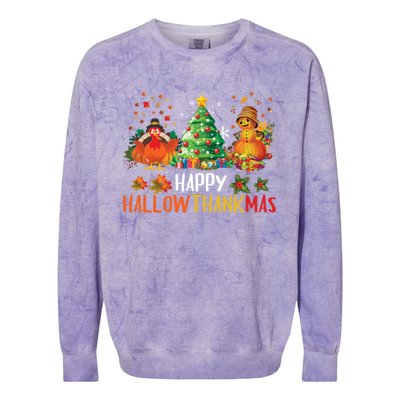 Happy Hallothanksmas Halloween Thanksgiving Merry Christmas Gift Colorblast Crewneck Sweatshirt