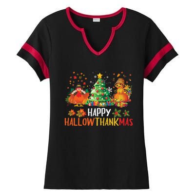 Happy Hallothanksmas Halloween Thanksgiving Merry Christmas Gift Ladies Halftime Notch Neck Tee