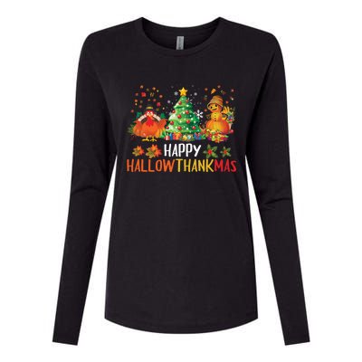 Happy Hallothanksmas Halloween Thanksgiving Merry Christmas Gift Womens Cotton Relaxed Long Sleeve T-Shirt