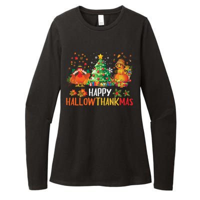 Happy Hallothanksmas Halloween Thanksgiving Merry Christmas Gift Womens CVC Long Sleeve Shirt