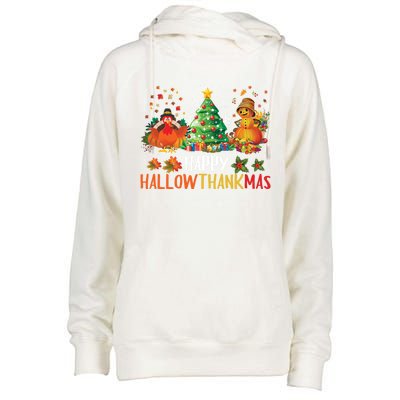 Happy Hallothanksmas Halloween Thanksgiving Merry Christmas Gift Womens Funnel Neck Pullover Hood