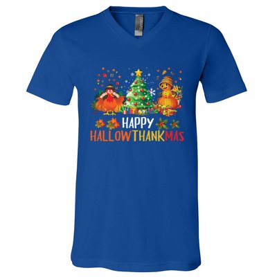 Happy Hallothanksmas Halloween Thanksgiving Merry Christmas Gift V-Neck T-Shirt