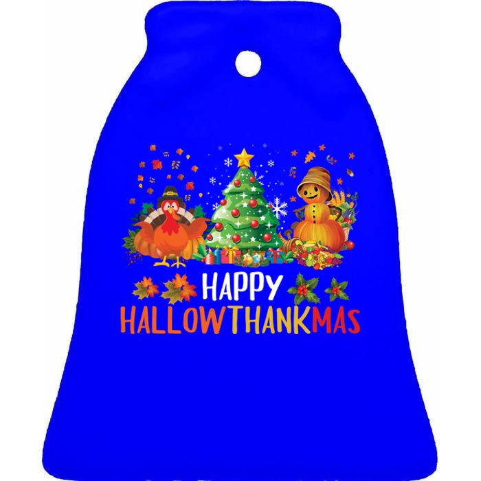 Happy Hallothanksmas Halloween Thanksgiving Merry Christmas Gift Ceramic Bell Ornament