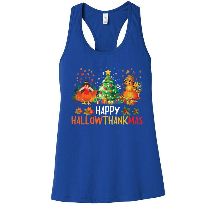 Happy Hallothanksmas Halloween Thanksgiving Merry Christmas Gift Women's Racerback Tank