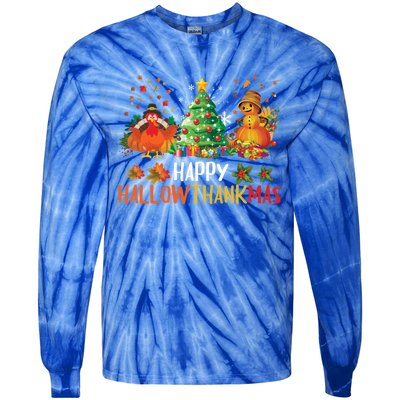 Happy Hallothanksmas Halloween Thanksgiving Merry Christmas Gift Tie-Dye Long Sleeve Shirt