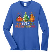 Happy Hallothanksmas Halloween Thanksgiving Merry Christmas Gift Ladies Long Sleeve Shirt