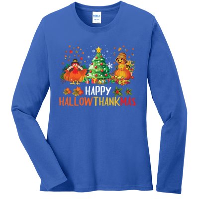 Happy Hallothanksmas Halloween Thanksgiving Merry Christmas Gift Ladies Long Sleeve Shirt