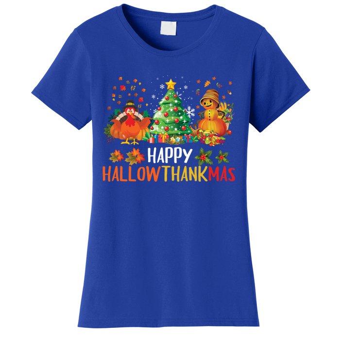 Happy Hallothanksmas Halloween Thanksgiving Merry Christmas Gift Women's T-Shirt