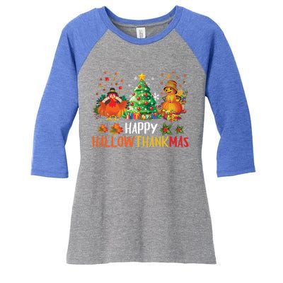 Happy Hallothanksmas Halloween Thanksgiving Merry Christmas Gift Women's Tri-Blend 3/4-Sleeve Raglan Shirt