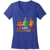 Happy Hallothanksmas Halloween Thanksgiving Merry Christmas Gift Women's V-Neck T-Shirt