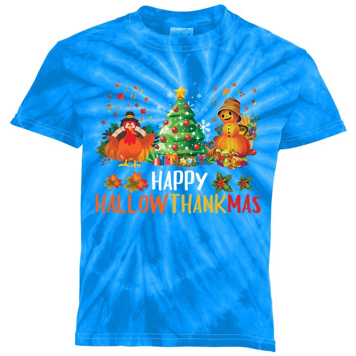 Happy Hallothanksmas Halloween Thanksgiving Merry Christmas Gift Kids Tie-Dye T-Shirt