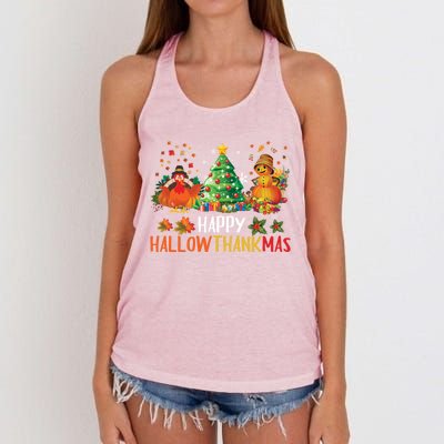 Happy Hallothanksmas Halloween Thanksgiving Merry Christmas Gift Women's Knotted Racerback Tank