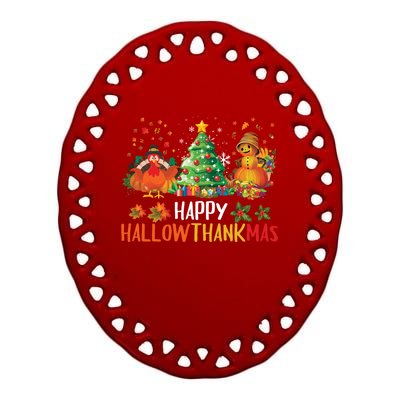 Happy Hallothanksmas Halloween Thanksgiving Merry Christmas Gift Ceramic Oval Ornament