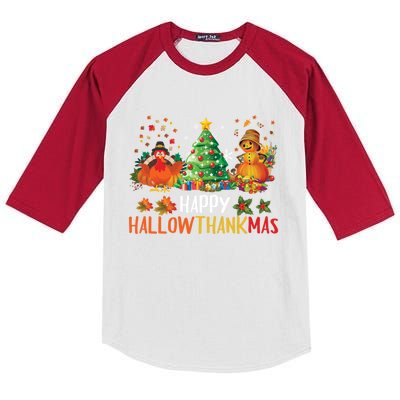 Happy Hallothanksmas Halloween Thanksgiving Merry Christmas Gift Kids Colorblock Raglan Jersey