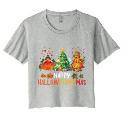 Happy Hallothanksmas Halloween Thanksgiving Merry Christmas Gift Women's Crop Top Tee