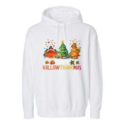 Happy Hallothanksmas Halloween Thanksgiving Merry Christmas Gift Garment-Dyed Fleece Hoodie