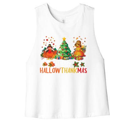 Happy Hallothanksmas Halloween Thanksgiving Merry Christmas Gift Women's Racerback Cropped Tank