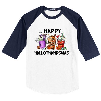 Happy Hallothanksmas Halloween Pumkin Thanksgiving Christmas Baseball Sleeve Shirt