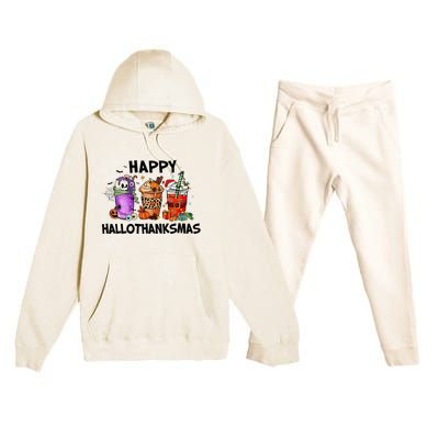 Happy Hallothanksmas Halloween Pumkin Thanksgiving Christmas Premium Hooded Sweatsuit Set