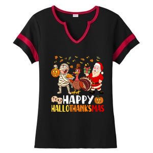 Happy Hallothanksmas Halloween Thanksgiving Christmas Day Gift Ladies Halftime Notch Neck Tee