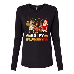 Happy Hallothanksmas Halloween Thanksgiving Christmas Day Gift Womens Cotton Relaxed Long Sleeve T-Shirt