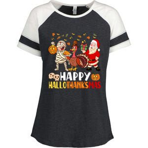 Happy Hallothanksmas Halloween Thanksgiving Christmas Day Gift Enza Ladies Jersey Colorblock Tee