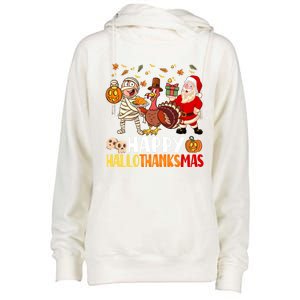 Happy Hallothanksmas Halloween Thanksgiving Christmas Day Gift Womens Funnel Neck Pullover Hood