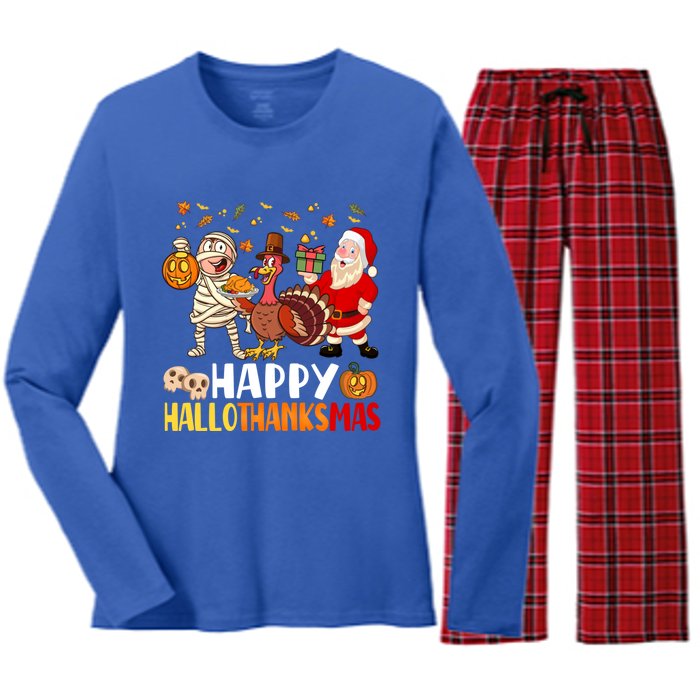 Happy Hallothanksmas Halloween Thanksgiving Christmas Day Gift Women's Long Sleeve Flannel Pajama Set 