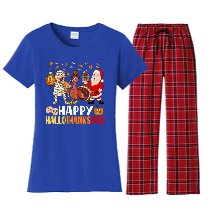 Happy Hallothanksmas Halloween Thanksgiving Christmas Day Gift Women's Flannel Pajama Set